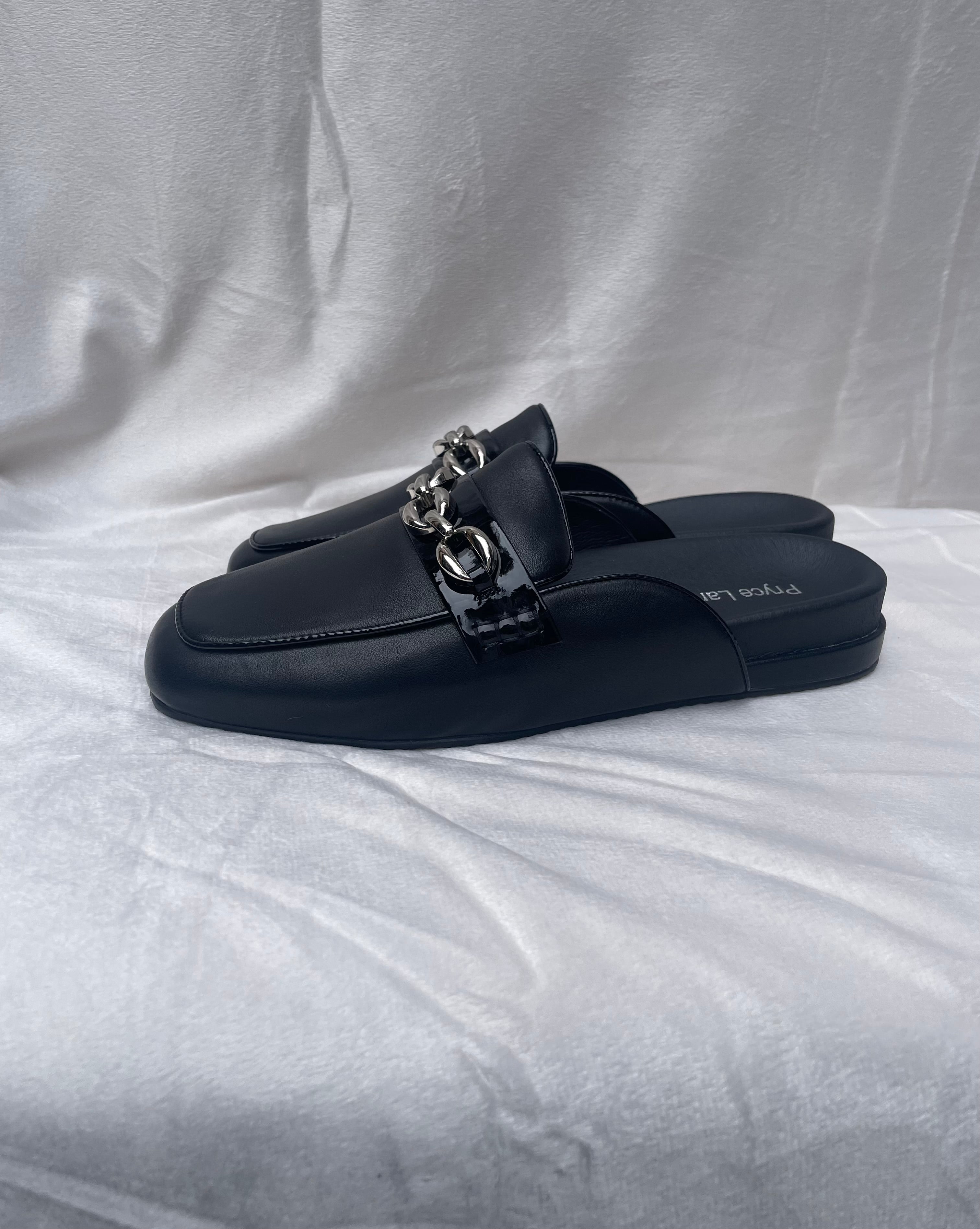 OLGA Two-Toned Black Square-Toed Chain Flat Mule Loafer