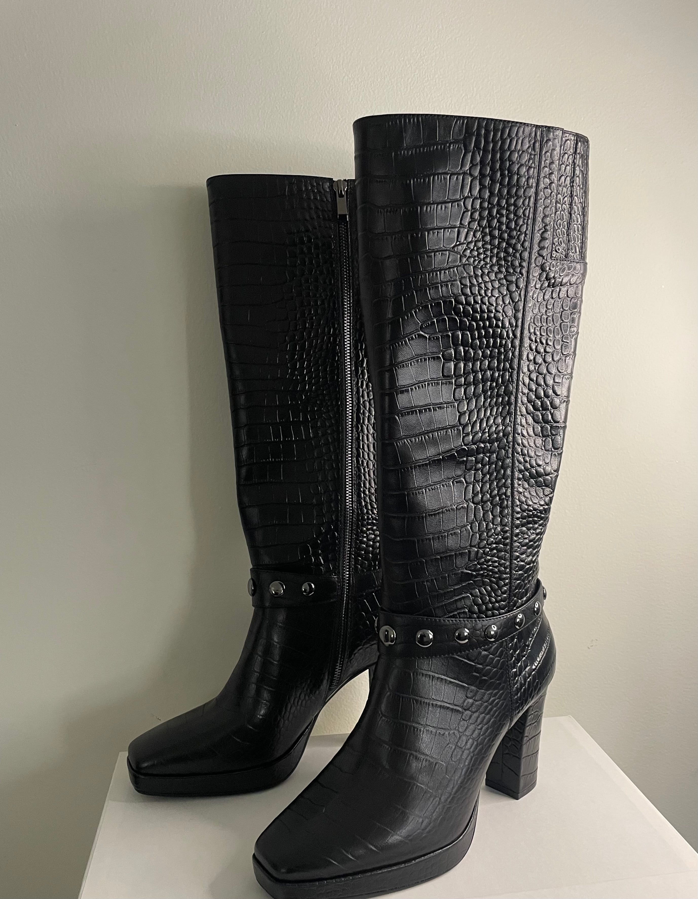 Croc Black Leather Tall Boots Women's