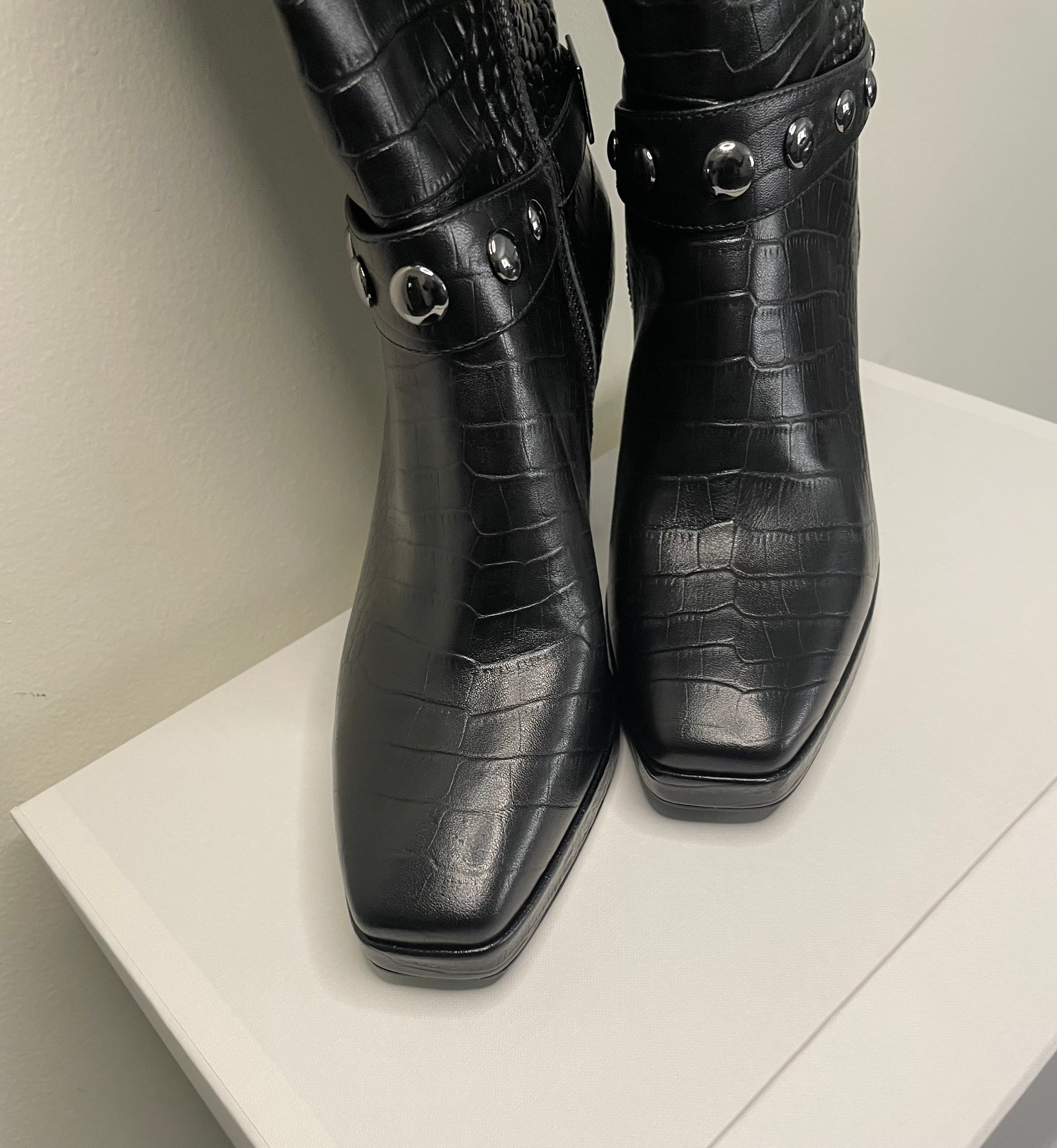 Croc Black Leather Tall Boots Women's